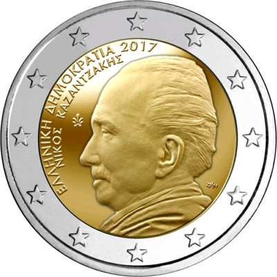 Монета 2 евро 2017 год. Греция. "60 лет со дня смерти писателя Никоса Казандзакиса"